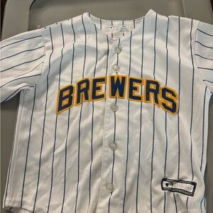 Brewers Kids Pinstripe Baseball Jersey - White/Navy/Gold